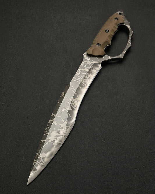 Ultra-rare KIKU KNIVES Fujin guarded edition custom knife by Kiku Matsuda, featuring a 10mm-thick OU31 steel blade, Green Canvas Micarta handle, maker's handwritten signature, and KIKU Knife Exhibition lottery-exclusive release