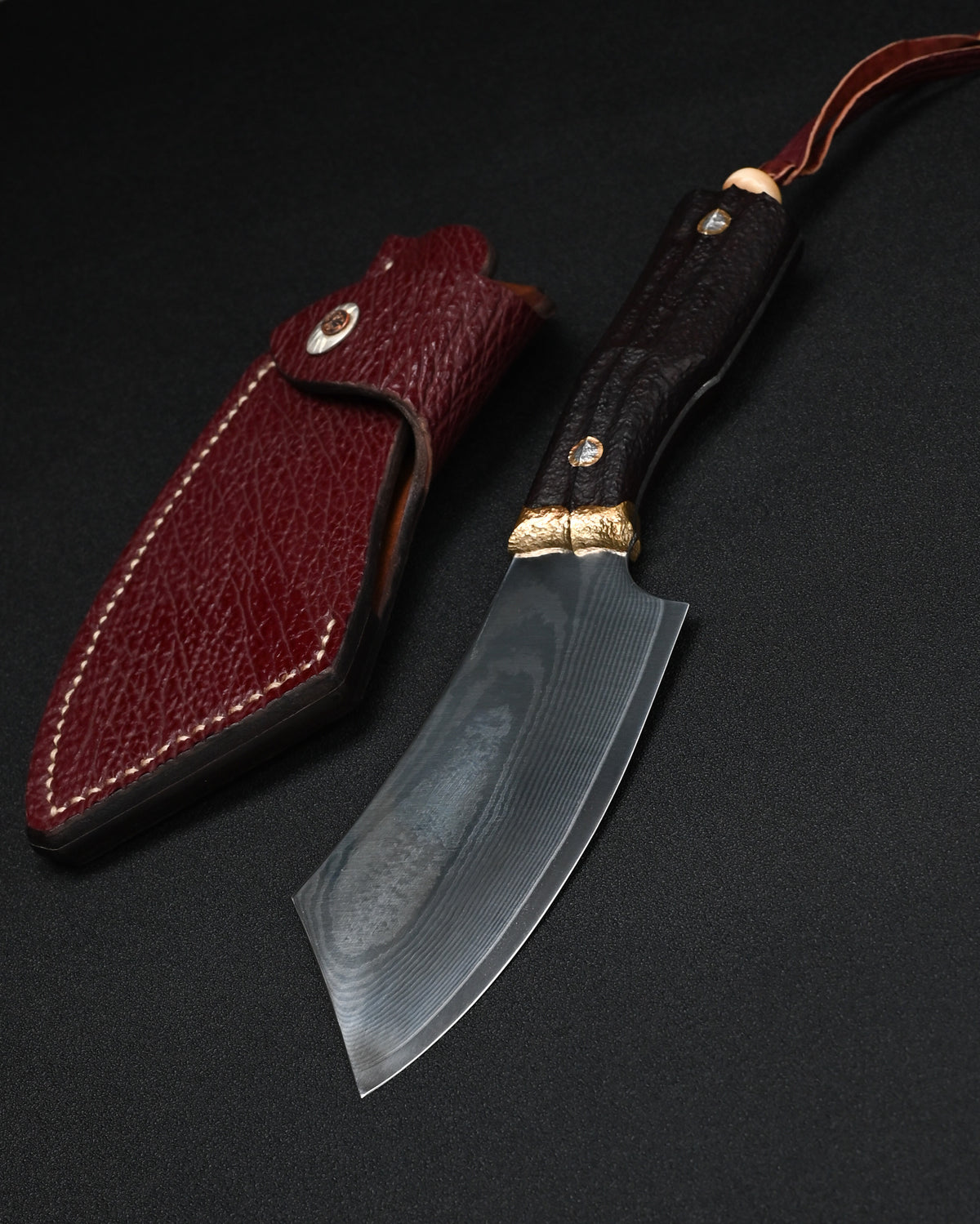 Masataka Fukuda Wtopia Sunizumi collaborative handmade custom knife with SG2 layered steel blade, rosewood bronze and nickel silver handle, orange-peel engraving, mammoth ivory bead and lizard leather sheath