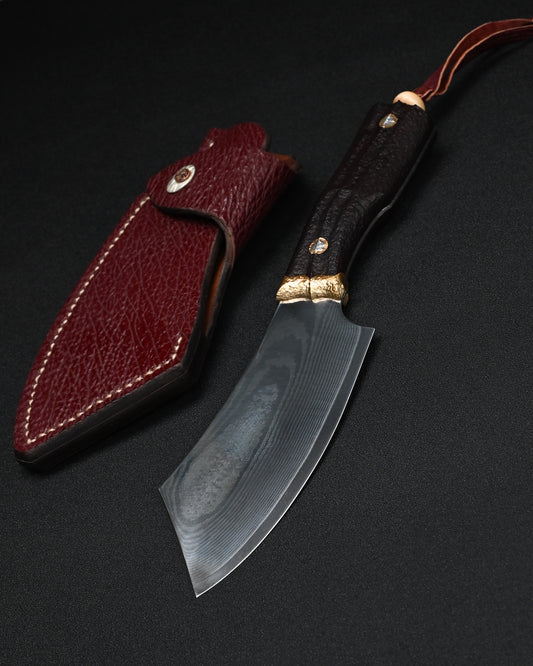 Masataka Fukuda Wtopia Sunizumi collaborative handmade custom knife with SG2 layered steel blade, rosewood bronze and nickel silver handle, orange-peel engraving, mammoth ivory bead and lizard leather sheath