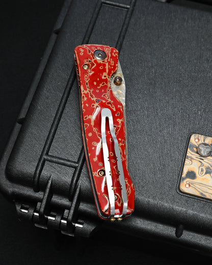MCUSTA MATOUEN Limited Edition Japanese Folding Knife – Copper & Brass Damascus / V-Toku 2 Steel / Ironwood / Traditional Kiso Tsuishu Lacquer
