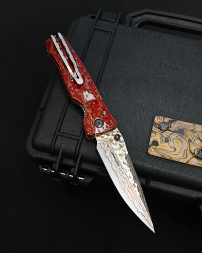 MCUSTA MATOUEN Limited Edition Japanese Folding Knife – Copper & Brass Damascus / V-Toku 2 Steel / Ironwood / Traditional Kiso Tsuishu Lacquer