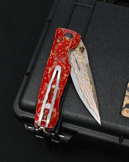 MCUSTA MATOUEN Limited Edition Japanese Folding Knife – Copper & Brass Damascus / V-Toku 2 Steel / Ironwood / Traditional Kiso Tsuishu Lacquer