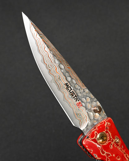 MCUSTA MATOUEN Limited Edition Japanese Folding Knife – Copper & Brass Damascus / V-Toku 2 Steel / Ironwood / Traditional Kiso Tsuishu Lacquer
