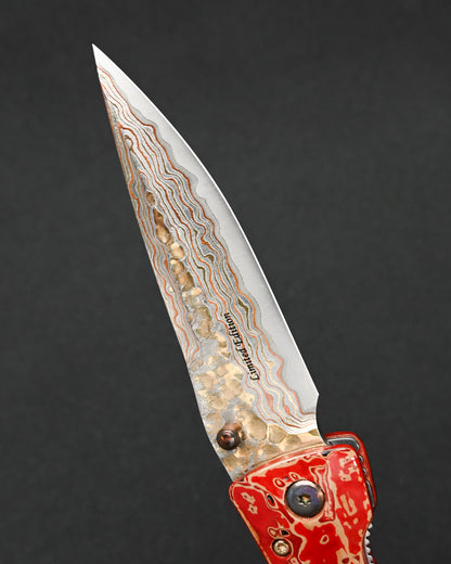 MCUSTA MATOUEN Limited Edition Japanese Folding Knife – Copper & Brass Damascus / V-Toku 2 Steel / Ironwood / Traditional Kiso Tsuishu Lacquer