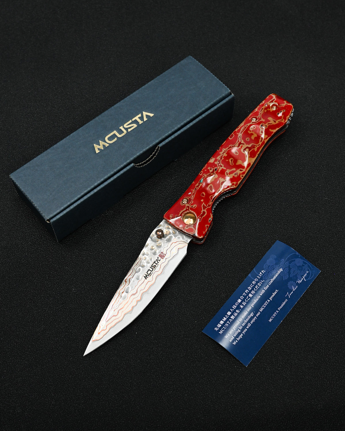 MCUSTA MATOUEN Limited Edition Japanese Folding Knife – Copper & Brass Damascus / V-Toku 2 Steel / Ironwood / Traditional Kiso Tsuishu Lacquer
