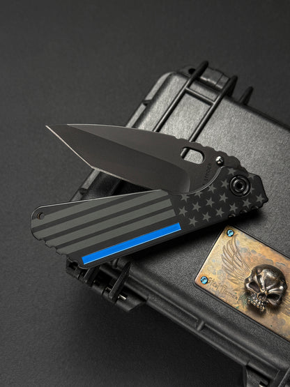 希少 廃番 オールド Mick Strider Knives Tanto – ブルー フラッグ彫刻アルミ / フレイムチタン / CPM154