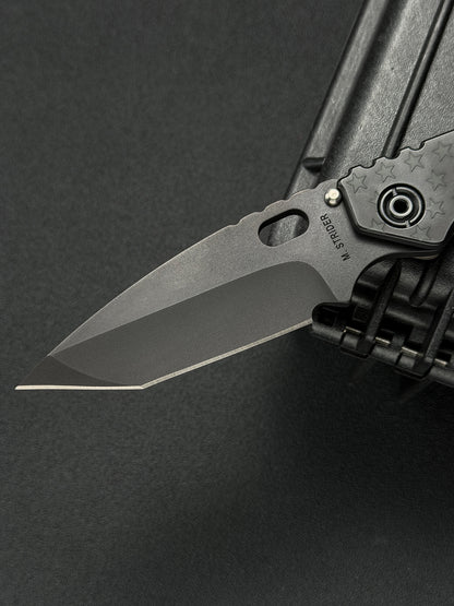 希少 廃番 オールド Mick Strider Knives Tanto – ブルー フラッグ彫刻アルミ / フレイムチタン / CPM154