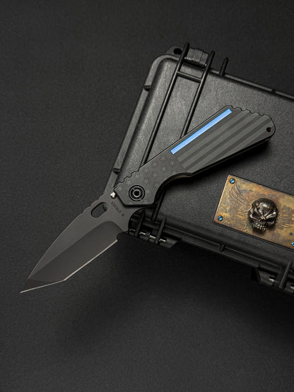 希少 廃番 オールド Mick Strider Knives Tanto – ブルー フラッグ彫刻アルミ / フレイムチタン / CPM154