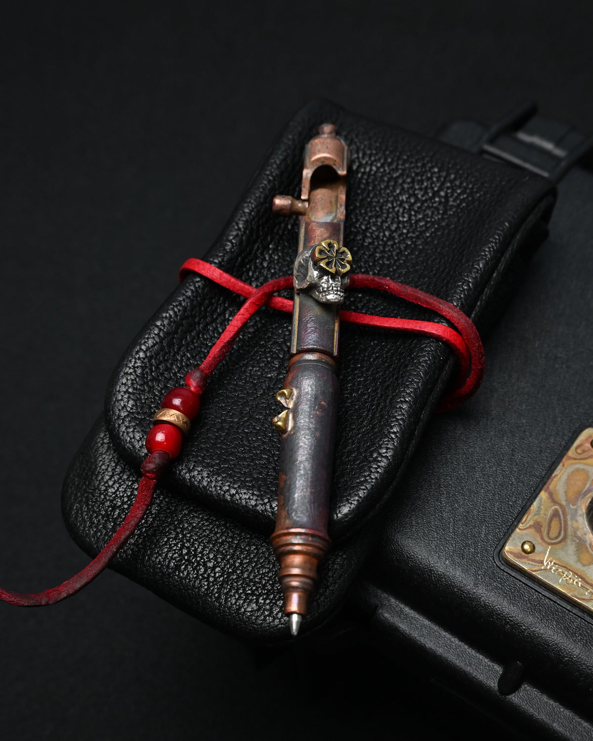 Rare ONE-OFF Hidetoshi Nakayama × Wtopia × Sunizumi Custom Copper EDC Pen with Silver Skull & Floral Details – Rare Leather Case