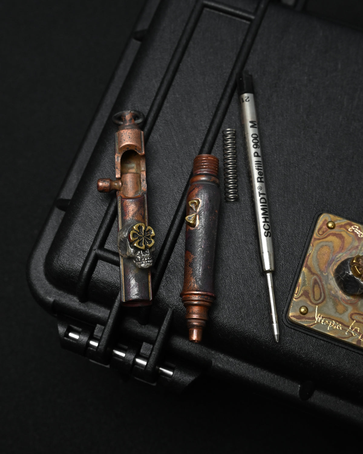 Rare ONE-OFF Hidetoshi Nakayama × Wtopia × Sunizumi Custom Copper EDC Pen with Silver Skull & Floral Details – Rare Leather Case