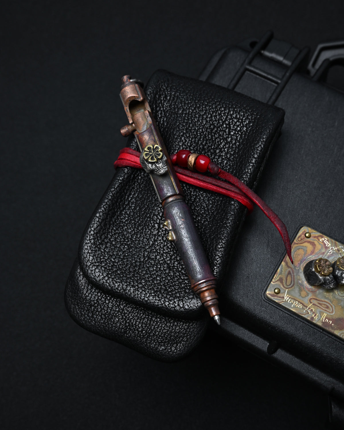 Rare ONE-OFF Hidetoshi Nakayama × Wtopia × Sunizumi Custom Copper EDC Pen with Silver Skull & Floral Details – Rare Leather Case