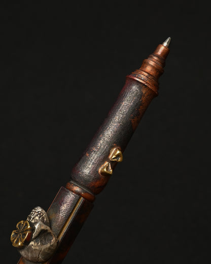Rare ONE-OFF Hidetoshi Nakayama × Wtopia × Sunizumi Custom Copper EDC Pen with Silver Skull & Floral Details – Rare Leather Case