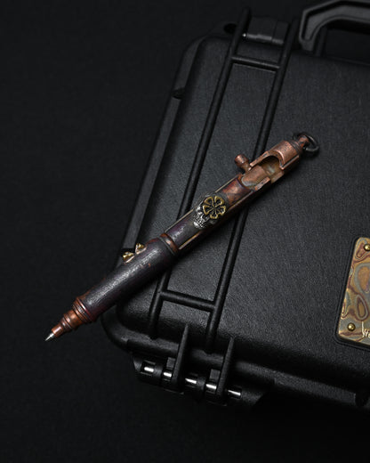 Rare ONE-OFF Hidetoshi Nakayama × Wtopia × Sunizumi Custom Copper EDC Pen with Silver Skull & Floral Details – Rare Leather Case