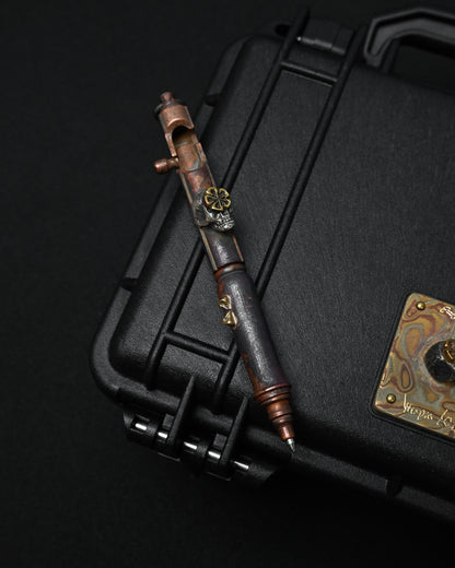 Rare ONE-OFF Hidetoshi Nakayama × Wtopia × Sunizumi Custom Copper EDC Pen with Silver Skull & Floral Details – Rare Leather Case
