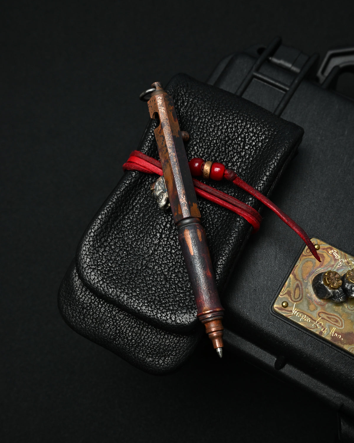 Rare ONE-OFF Hidetoshi Nakayama × Wtopia × Sunizumi Custom Copper EDC Pen with Silver Skull & Floral Details – Rare Leather Case