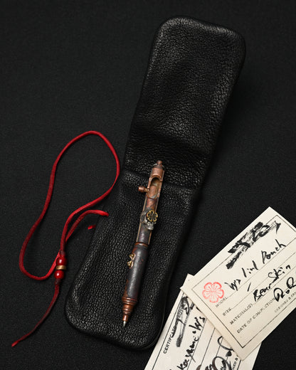 Rare ONE-OFF Hidetoshi Nakayama × Wtopia × Sunizumi Custom Copper EDC Pen with Silver Skull & Floral Details – Rare Leather Case