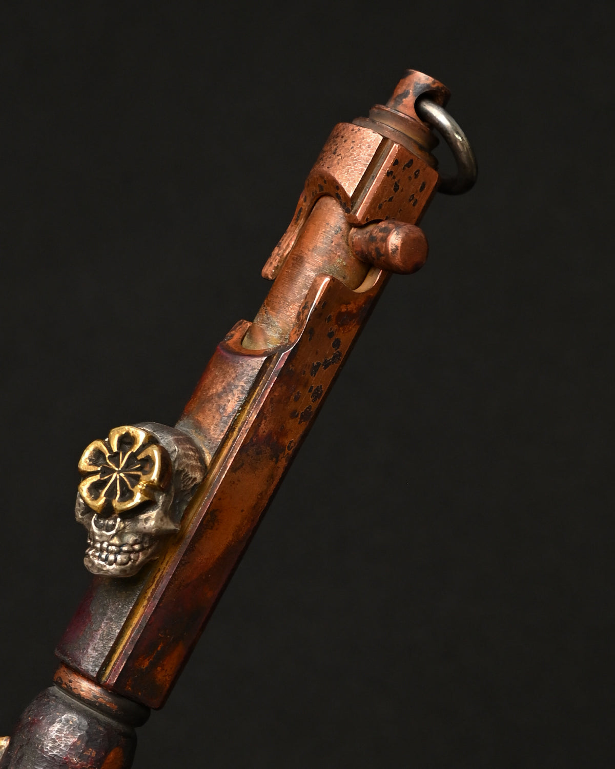 Rare ONE-OFF Hidetoshi Nakayama × Wtopia × Sunizumi Custom Copper EDC Pen with Silver Skull & Floral Details – Rare Leather Case