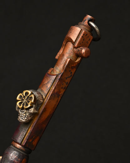 Rare ONE-OFF Hidetoshi Nakayama × Wtopia × Sunizumi Custom Copper EDC Pen with Silver Skull & Floral Details – Rare Leather Case