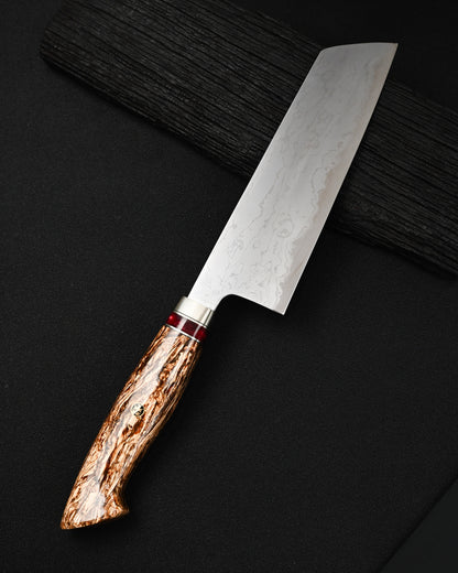 Rare Nishida Hamono Handmade Custom Kitchen Knife – Forged Layered Damascus / Bronze / Stabilized Wood