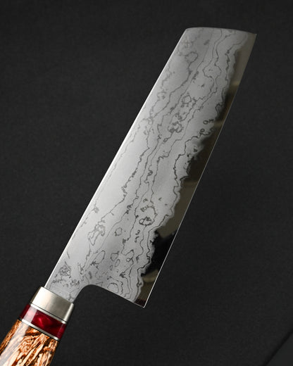 Rare Nishida Hamono Handmade Custom Kitchen Knife – Forged Layered Damascus / Bronze / Stabilized Wood