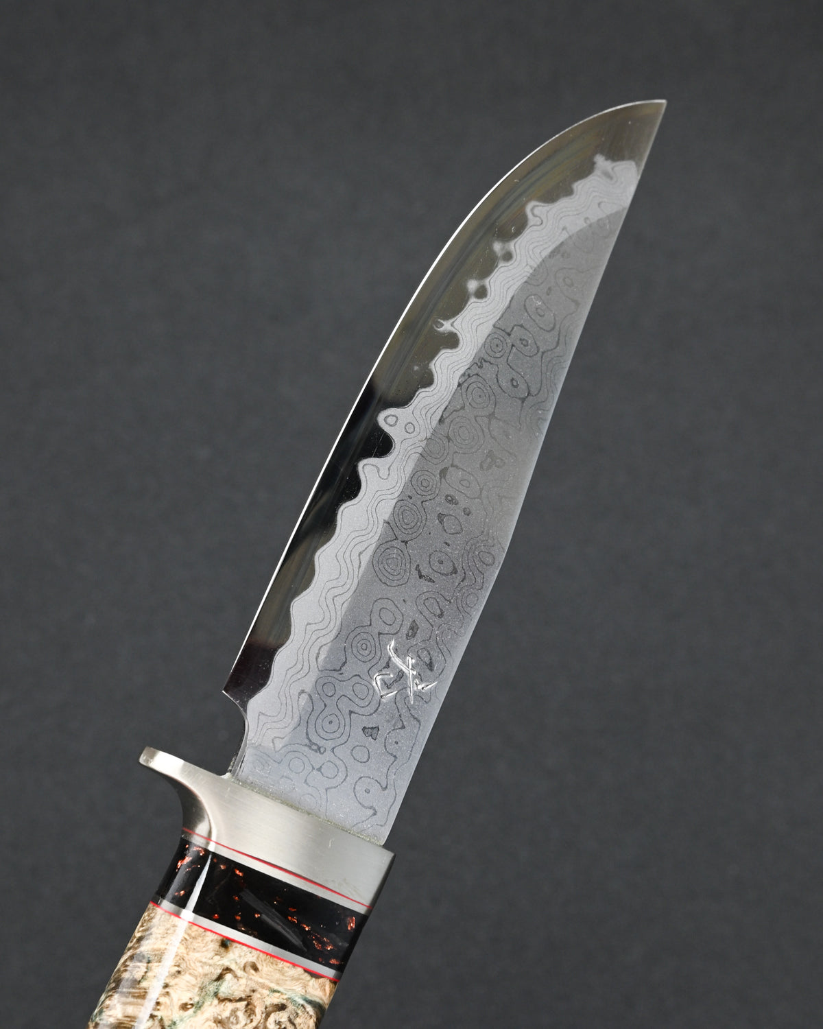 Rare Nishida Hamono Handmade Custom Outdoor Knife – Forged Layered Damascus / Bronze / Stabilized Burl Wood