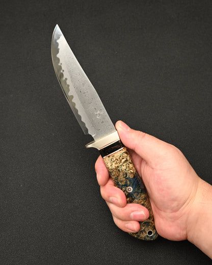Rare Nishida Hamono Handmade Custom Outdoor Knife – Forged Layered Damascus / Bronze / Stabilized Burl Wood