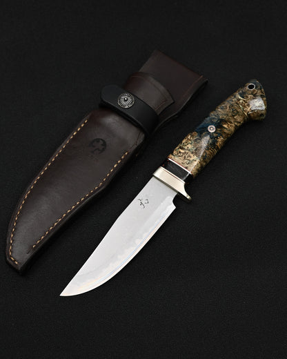 Rare Nishida Hamono Handmade Custom Outdoor Knife – Forged Layered Damascus / Bronze / Stabilized Burl Wood