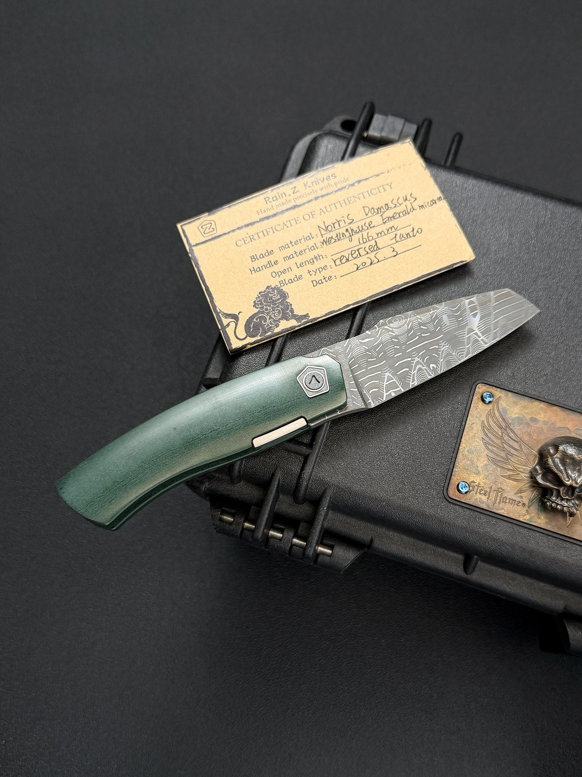 Rare Rain.Z Knives Custom Folding Knife – Norris TanPai Damascus / Westinghouse Emerald Micarta / Zirconium Pivot