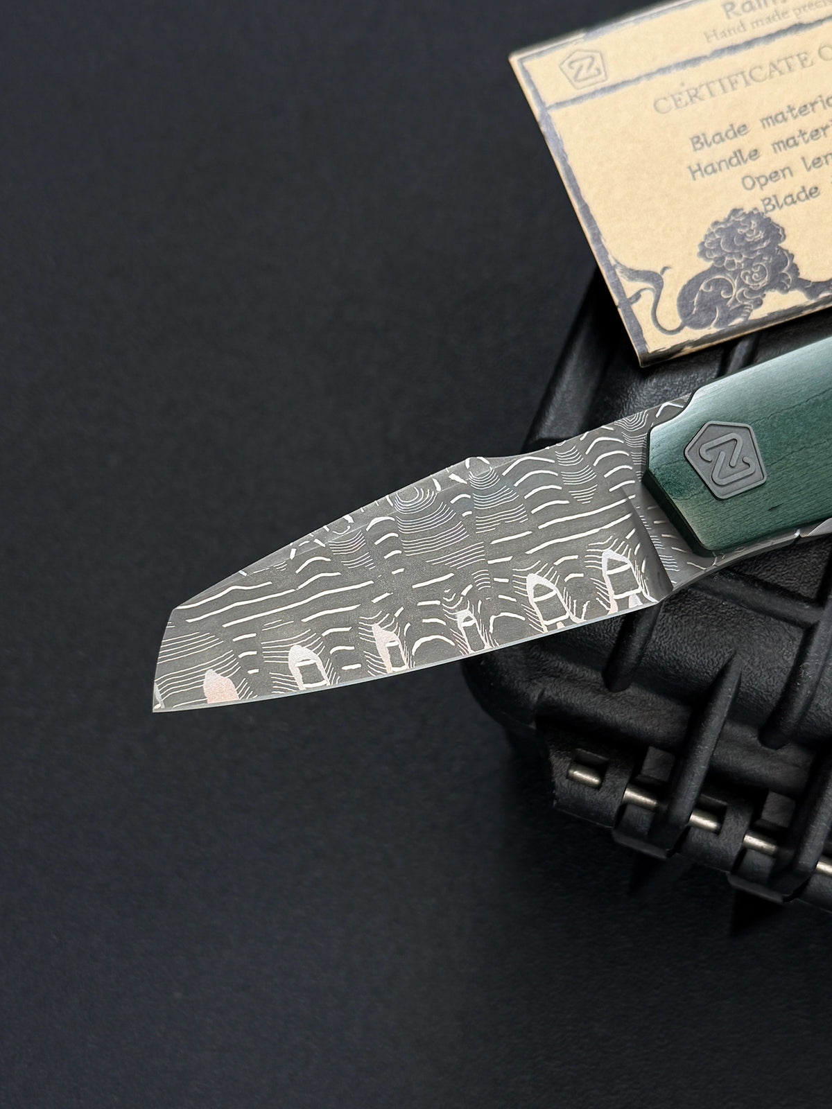 Rare Rain.Z Knives Custom Folding Knife – Norris TanPai Damascus / Westinghouse Emerald Micarta / Zirconium Pivot