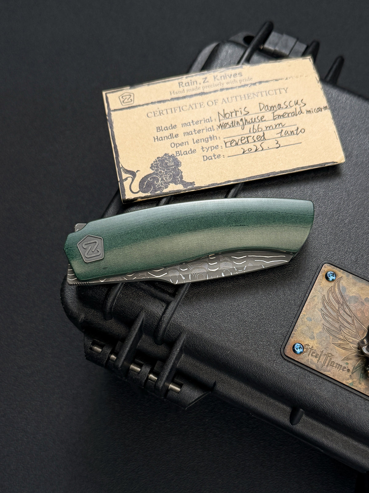 Rare Rain.Z Knives Custom Folding Knife – Norris TanPai Damascus / Westinghouse Emerald Micarta / Zirconium Pivot