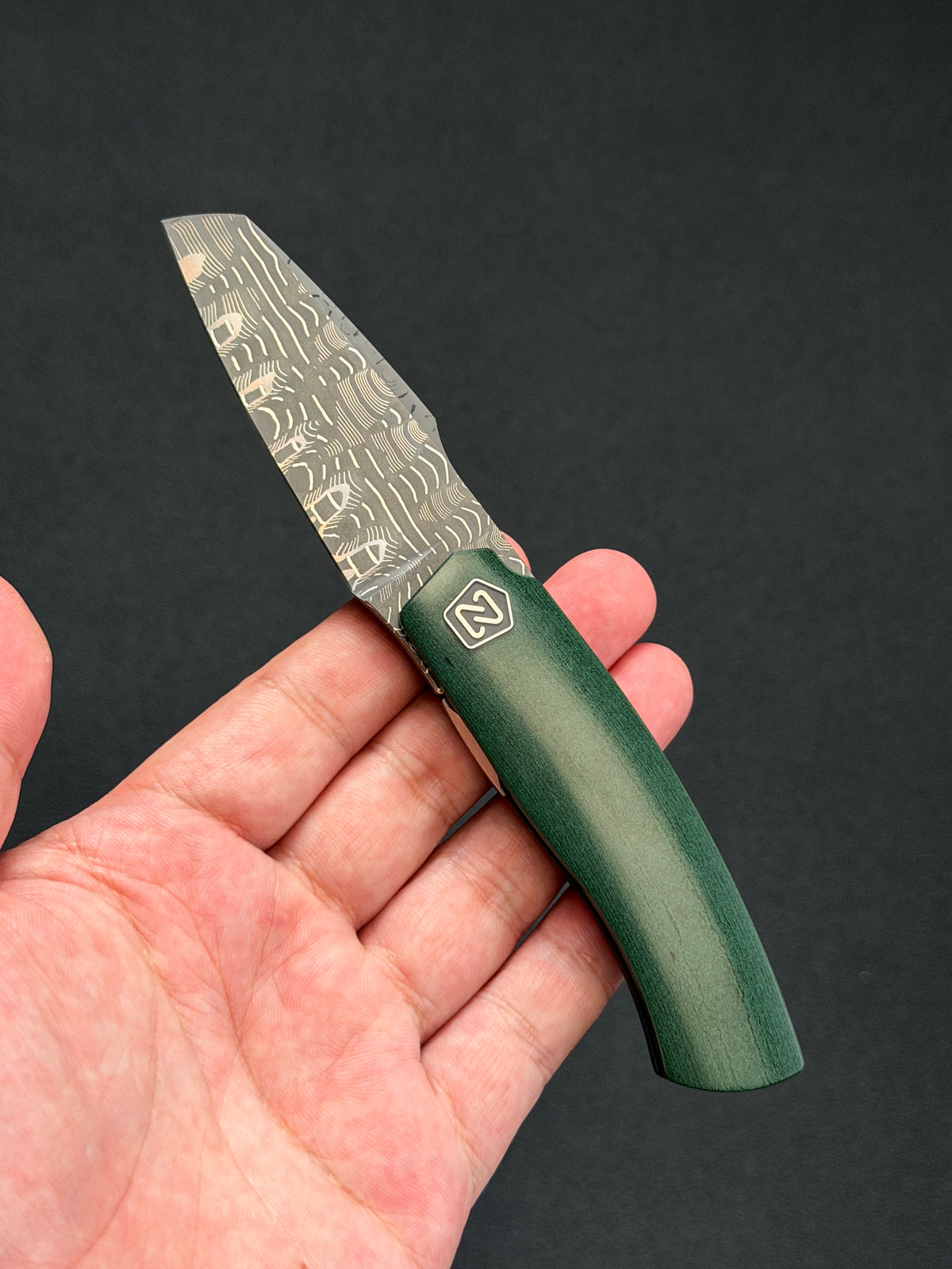 Rare Rain.Z Knives Custom Folding Knife – Norris TanPai Damascus / Westinghouse Emerald Micarta / Zirconium Pivot