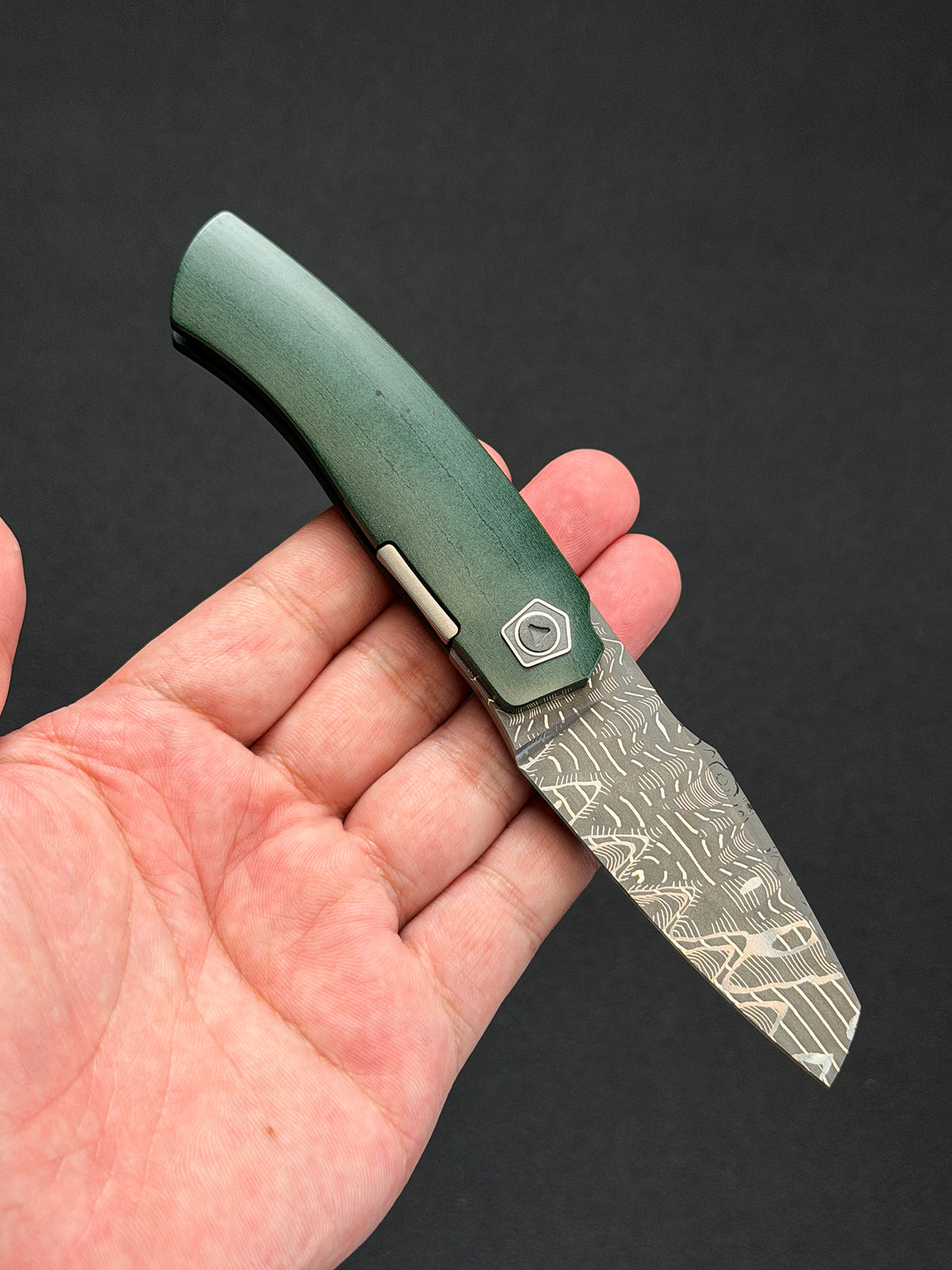 Rare Rain.Z Knives Custom Folding Knife – Norris TanPai Damascus / Westinghouse Emerald Micarta / Zirconium Pivot