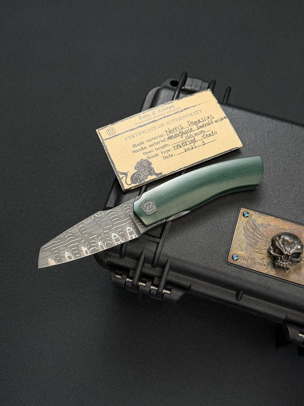 Rare Rain.Z Knives Custom Folding Knife – Norris TanPai Damascus / Westinghouse Emerald Micarta / Zirconium Pivot
