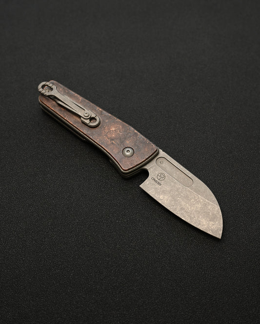 Serge Knives Guppy Custom – Copper Plague Doctor Inlay / Antiqued Stonewashed CPM S30V Blade / Blasted Titanium