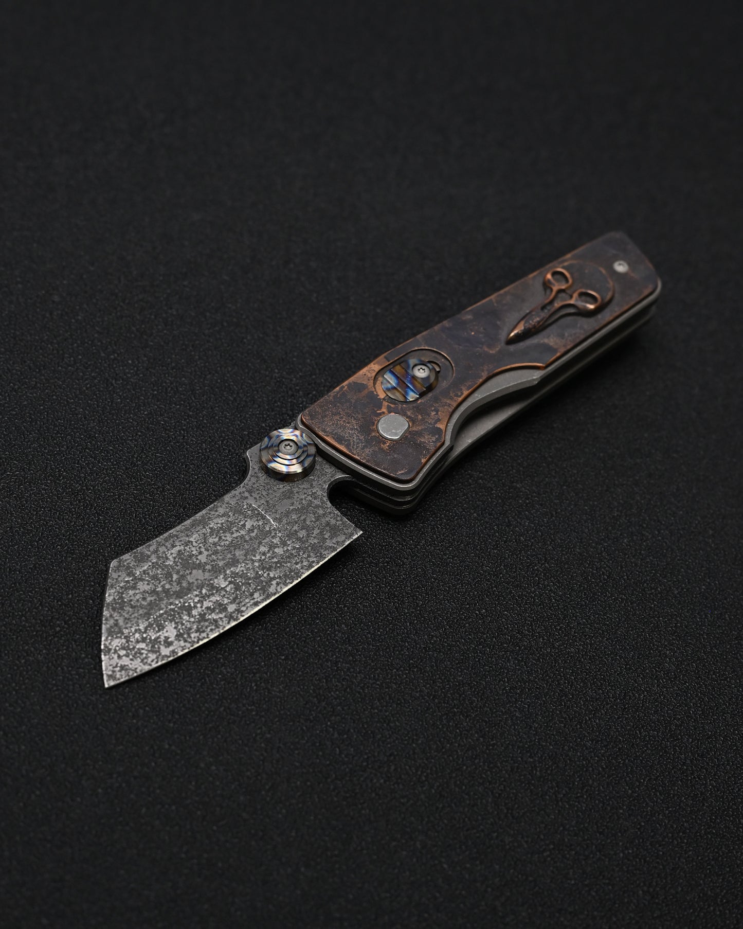 Serge Knives Guppy Custom – Copper Plague Doctor Inlay / Antiqued W2 Blade / Heat-Anodized Titanium – Made in USA