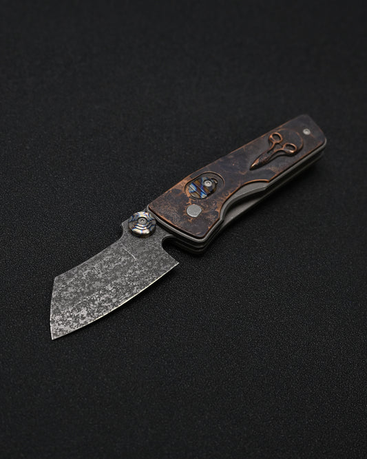 Serge Knives Guppy Custom – Copper Plague Doctor Inlay / Antiqued W2 Blade / Heat-Anodized Titanium – Made in USA