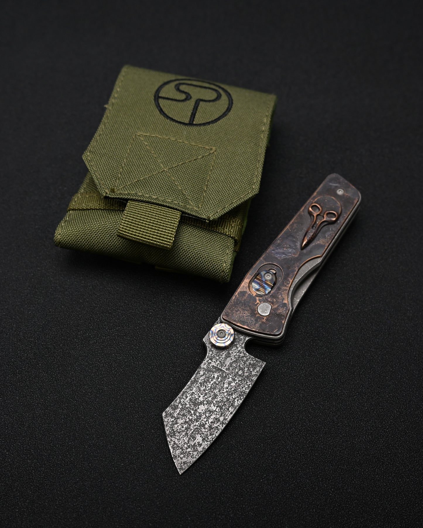 Serge Knives Guppy Custom – Copper Plague Doctor Inlay / Antiqued W2 Blade / Heat-Anodized Titanium – Made in USA