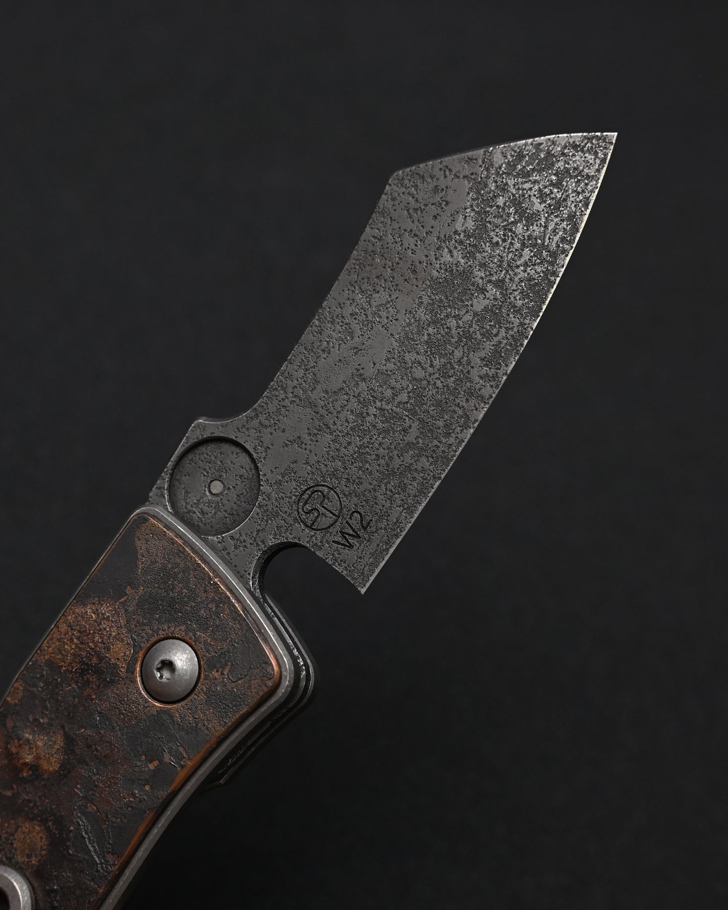 Serge Knives Guppy Custom – Copper Plague Doctor Inlay / Antiqued W2 Blade / Heat-Anodized Titanium – Made in USA