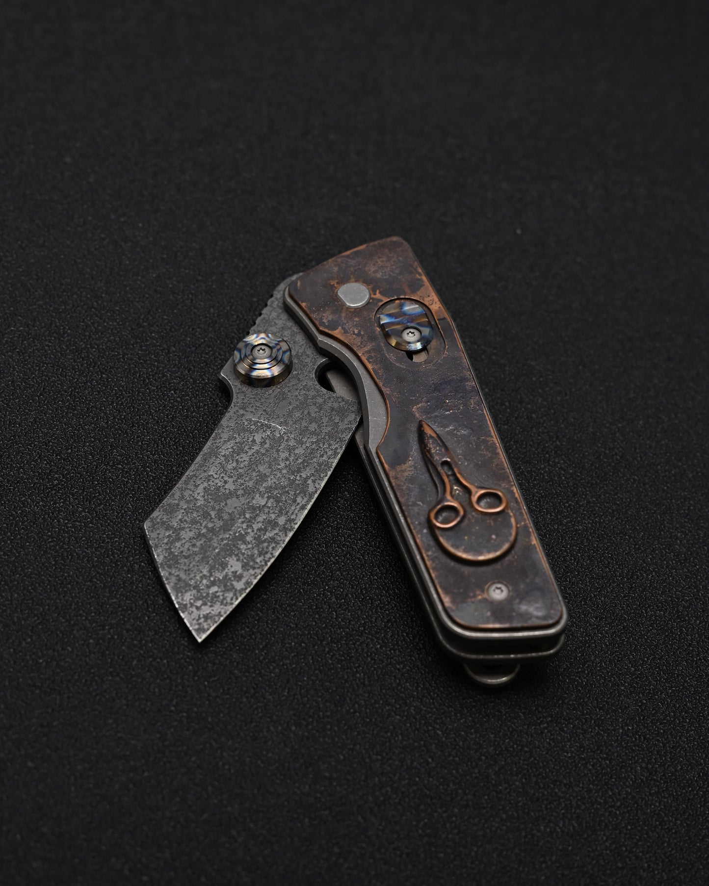 Serge Knives Guppy Custom – Copper Plague Doctor Inlay / Antiqued W2 Blade / Heat-Anodized Titanium – Made in USA