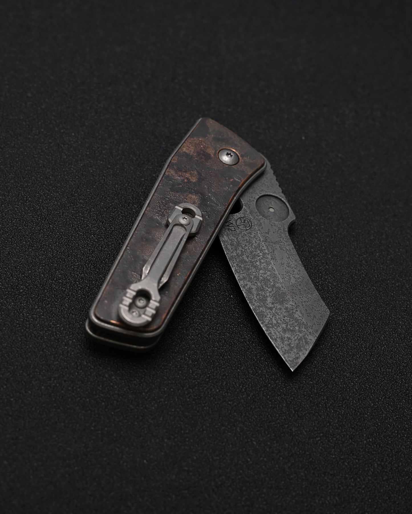 Serge Knives Guppy Custom – Copper Plague Doctor Inlay / Antiqued W2 Blade / Heat-Anodized Titanium – Made in USA