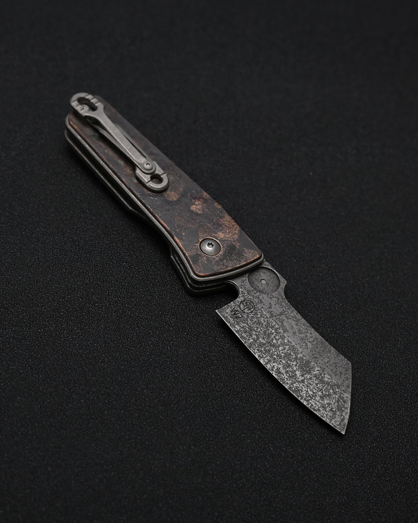Serge Knives Guppy Custom – Copper Plague Doctor Inlay / Antiqued W2 Blade / Heat-Anodized Titanium – Made in USA