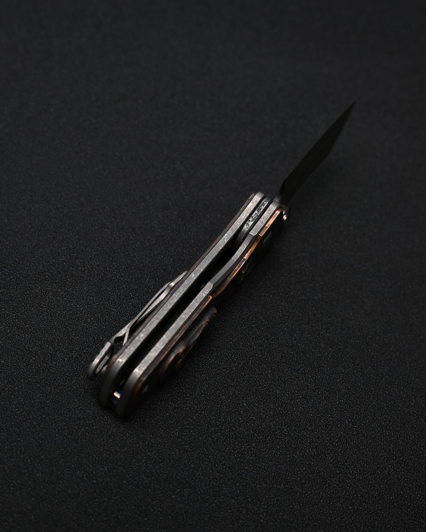 Serge Knives Guppy Custom – Copper Plague Doctor Inlay / Antiqued W2 Blade / Heat-Anodized Titanium – Made in USA