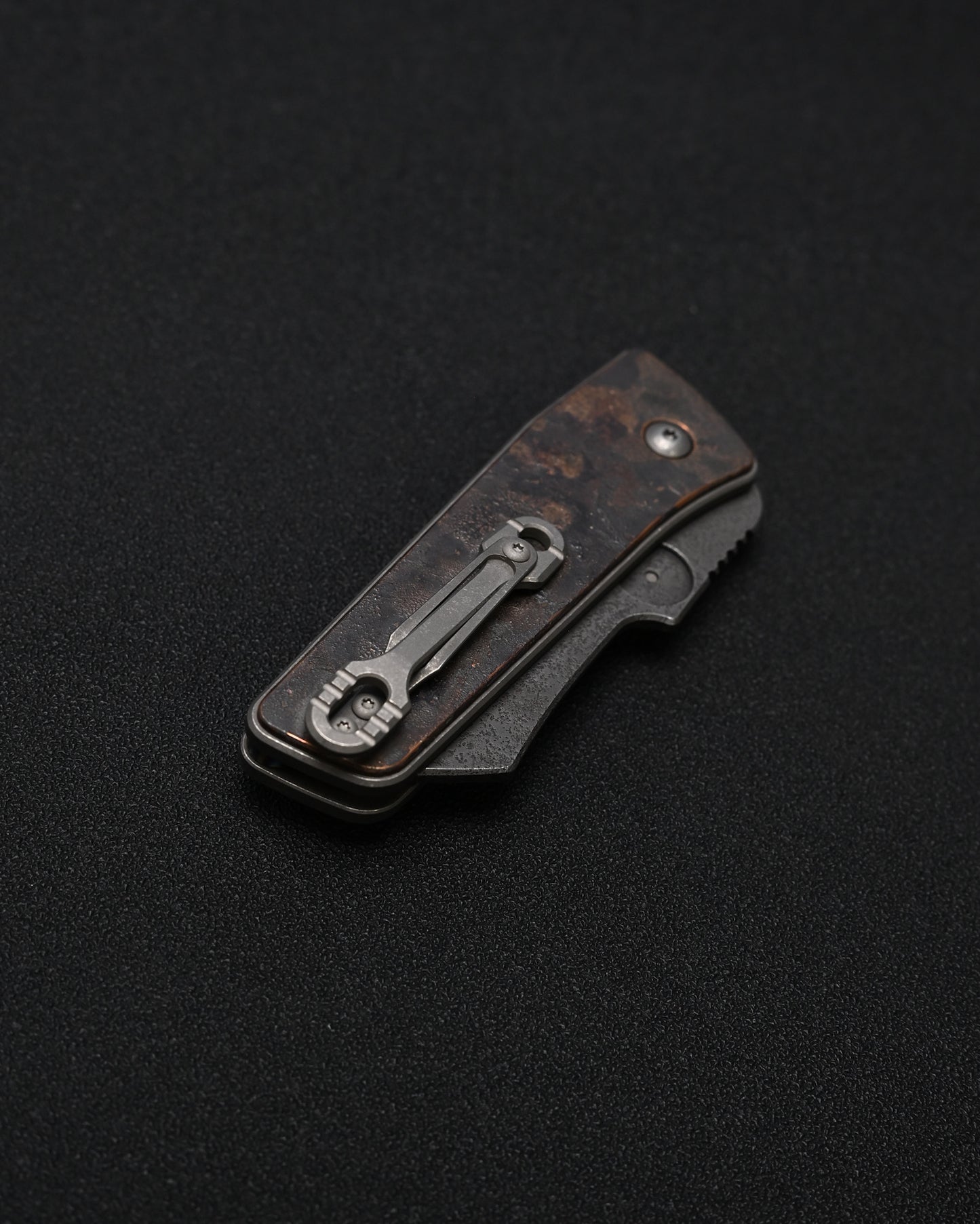 Serge Knives Guppy Custom – Copper Plague Doctor Inlay / Antiqued W2 Blade / Heat-Anodized Titanium – Made in USA
