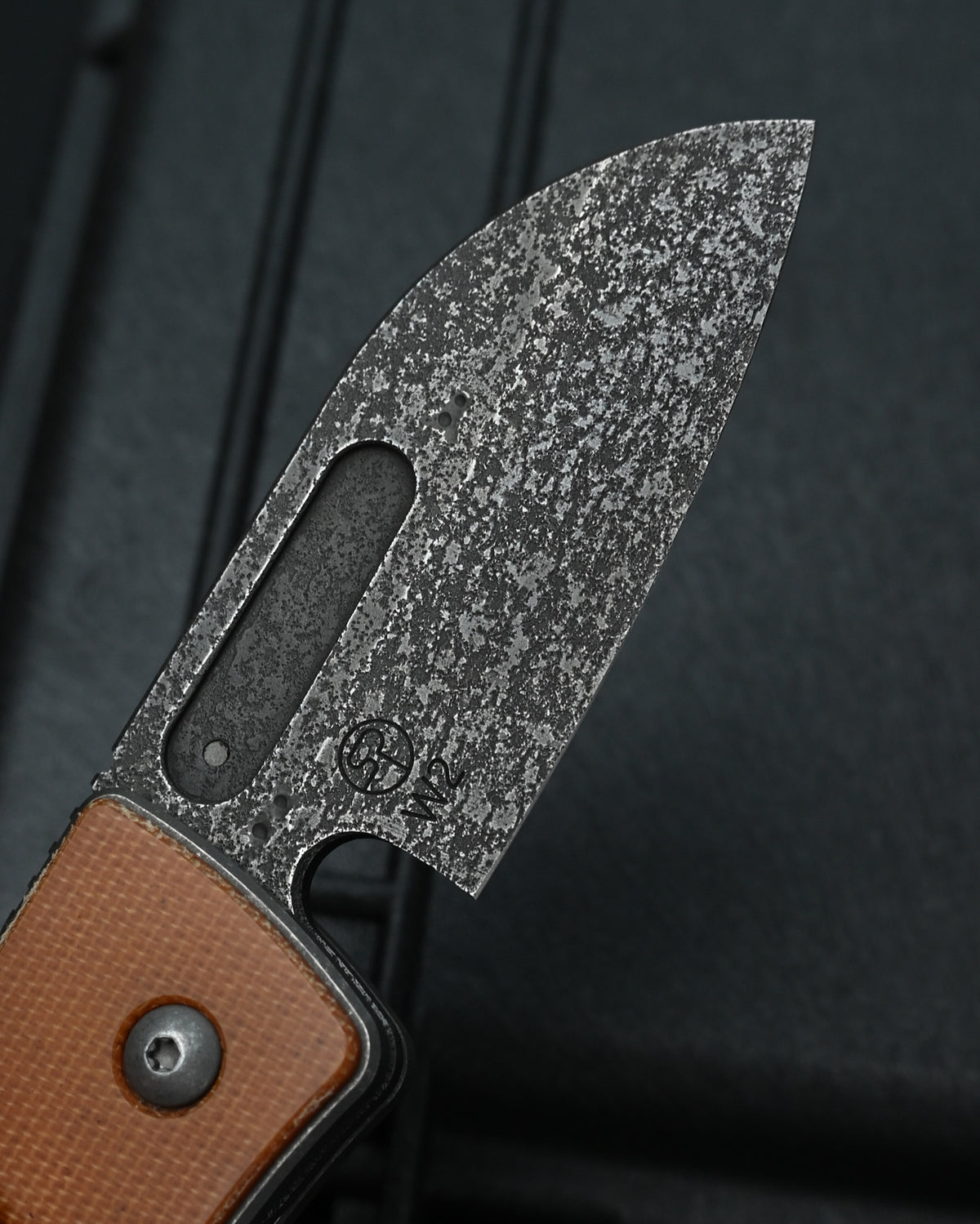 Rare Serge Knives Guppy Full Skull Custom Folding Knife – W2 Wasteland Finish / Vintage Westinghouse Micarta / Heat-Colored Titanium Clip / USA