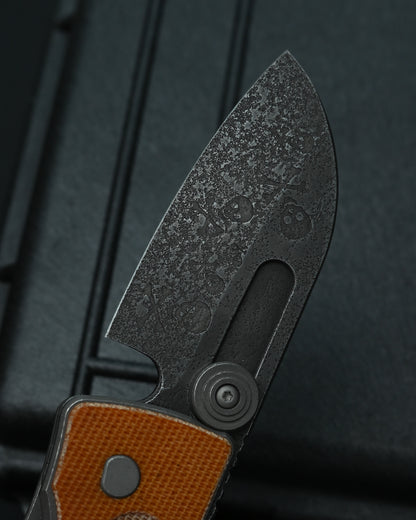 Rare Serge Knives Guppy Full Skull Custom Folding Knife – W2 Wasteland Finish / Vintage Westinghouse Micarta / Heat-Colored Titanium Clip / USA