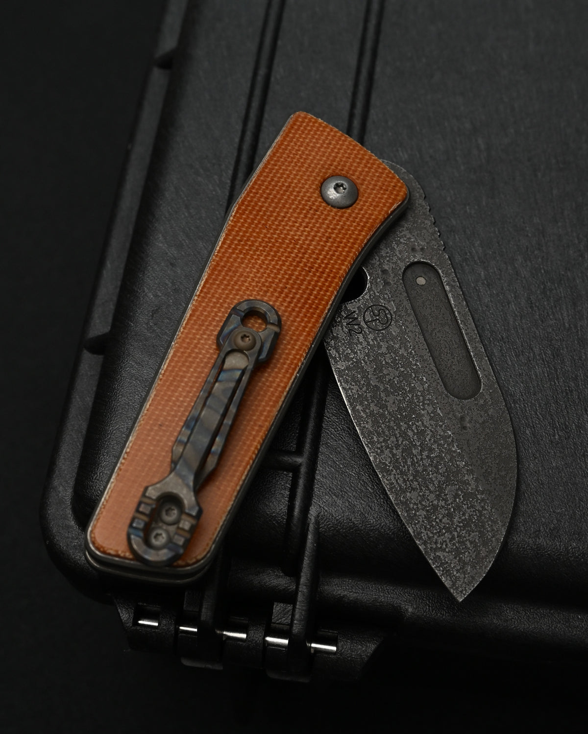 Rare Serge Knives Guppy Full Skull Custom Folding Knife – W2 Wasteland Finish / Vintage Westinghouse Micarta / Heat-Colored Titanium Clip / USA
