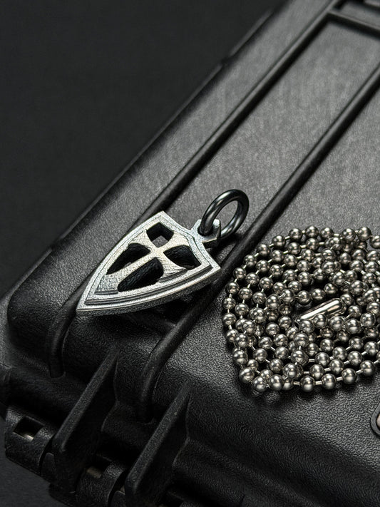 STEEL FLAME Double-Sided Crusader Shield Sterling Silver EDC Pendant – Made in USA