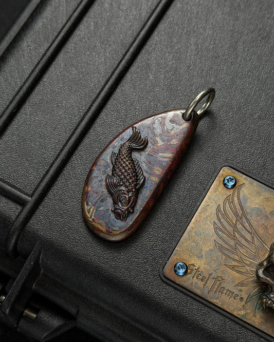 Ultra-Rare One-Off STEEL FLAME × Schwartz Mokume Damascus Koi EDC Pendant – Bronze Koi – Made in USA