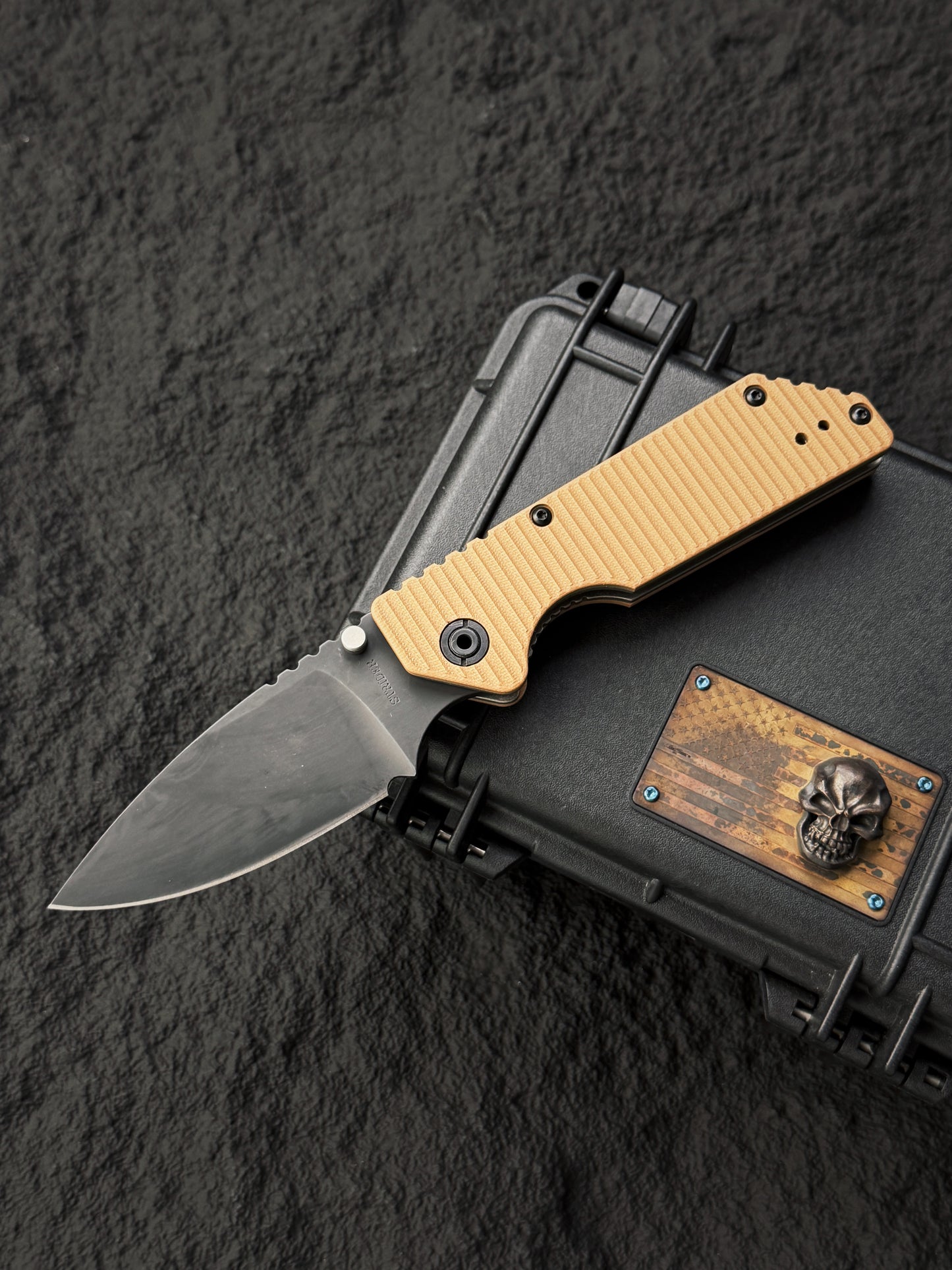 Rare Old School STRIDER KNIVES AR Black Blade S30V Folder – Desert Tan G10 – BOS Flame Mark