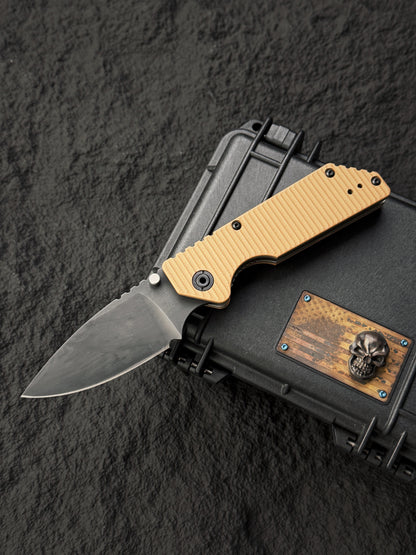 Rare Old School STRIDER KNIVES AR Black Blade S30V Folder – Desert Tan G10 – BOS Flame Mark